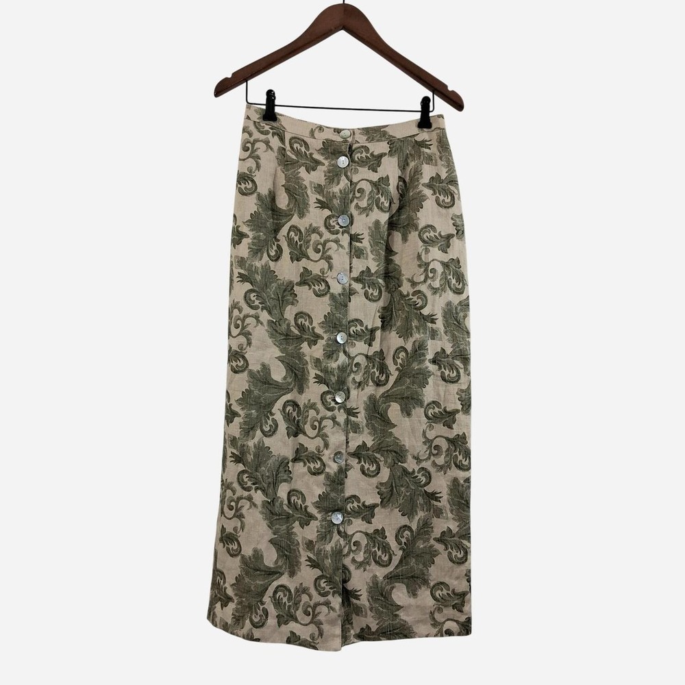 VTG Ali Miles 100% Linen Damask Button Maxi Skirt Lined Back Slit 12